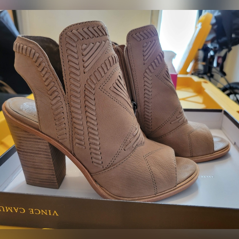 Vince Camuto Karinta Block Heel Taupe Booties
